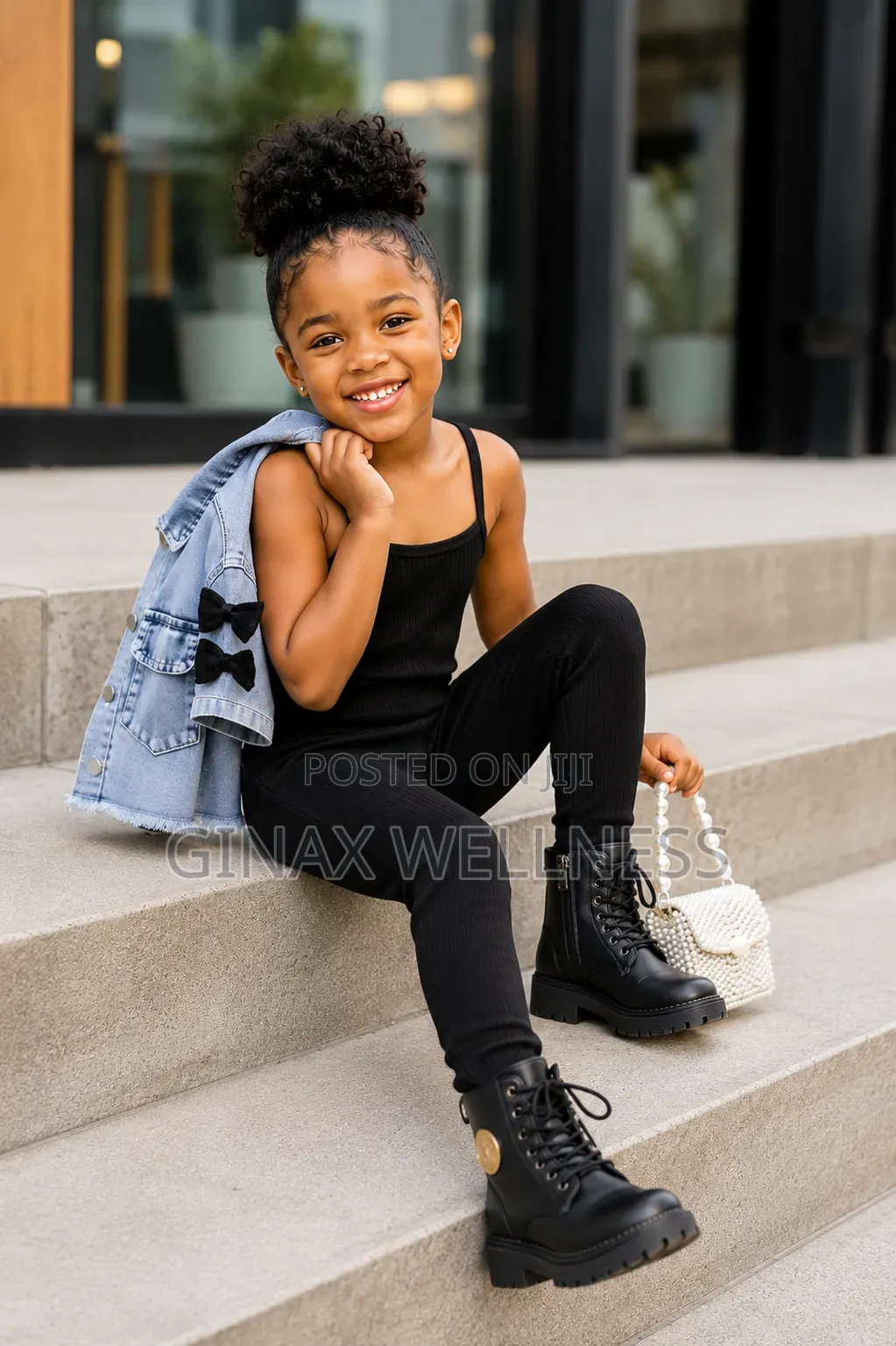 Denim Bow Jacket With Black Ribbed Jumpsuit Set for Girls