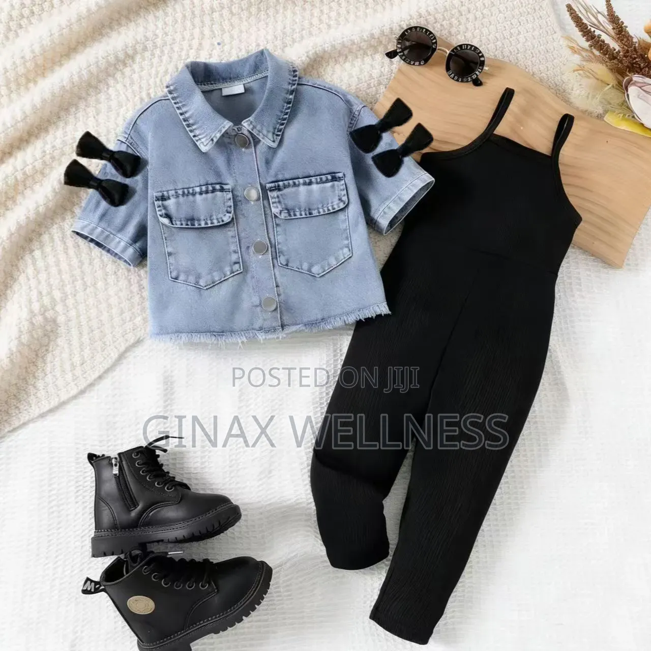 Denim Bow Jacket With Black Ribbed Jumpsuit Set for Girls