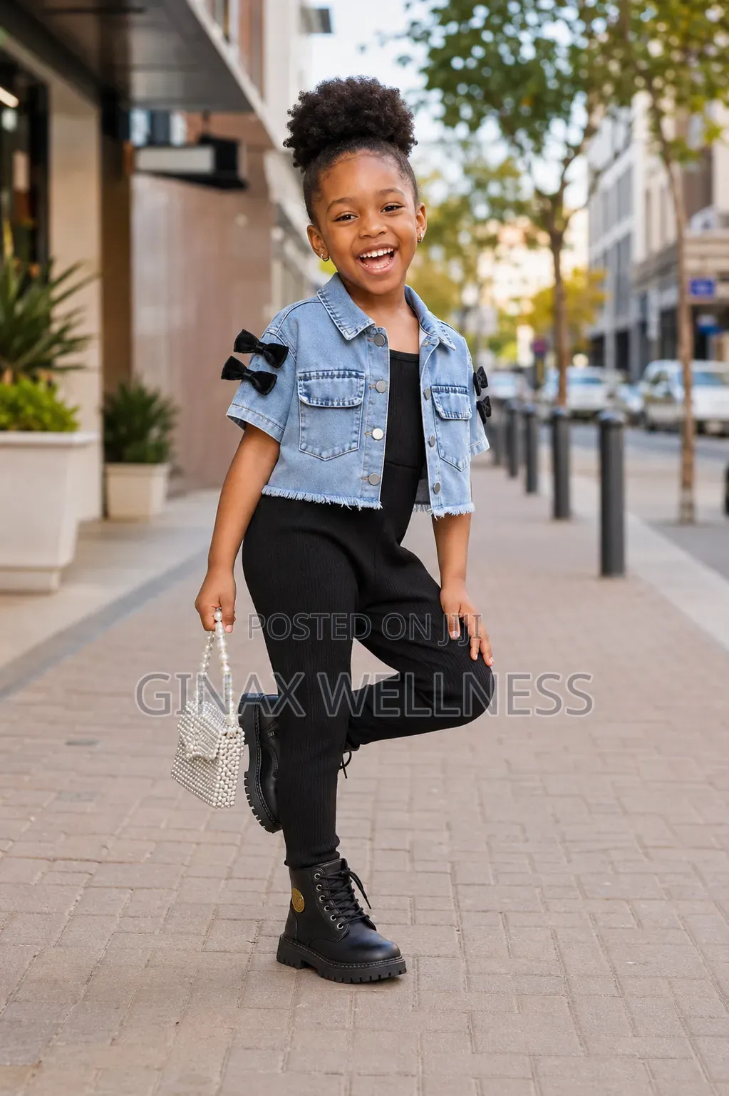Denim Bow Jacket With Black Ribbed Jumpsuit Set for Girls