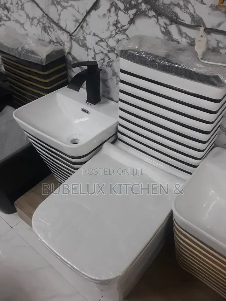 Luxury White Black Striped Water Closet + Hand Wash Basin Combo