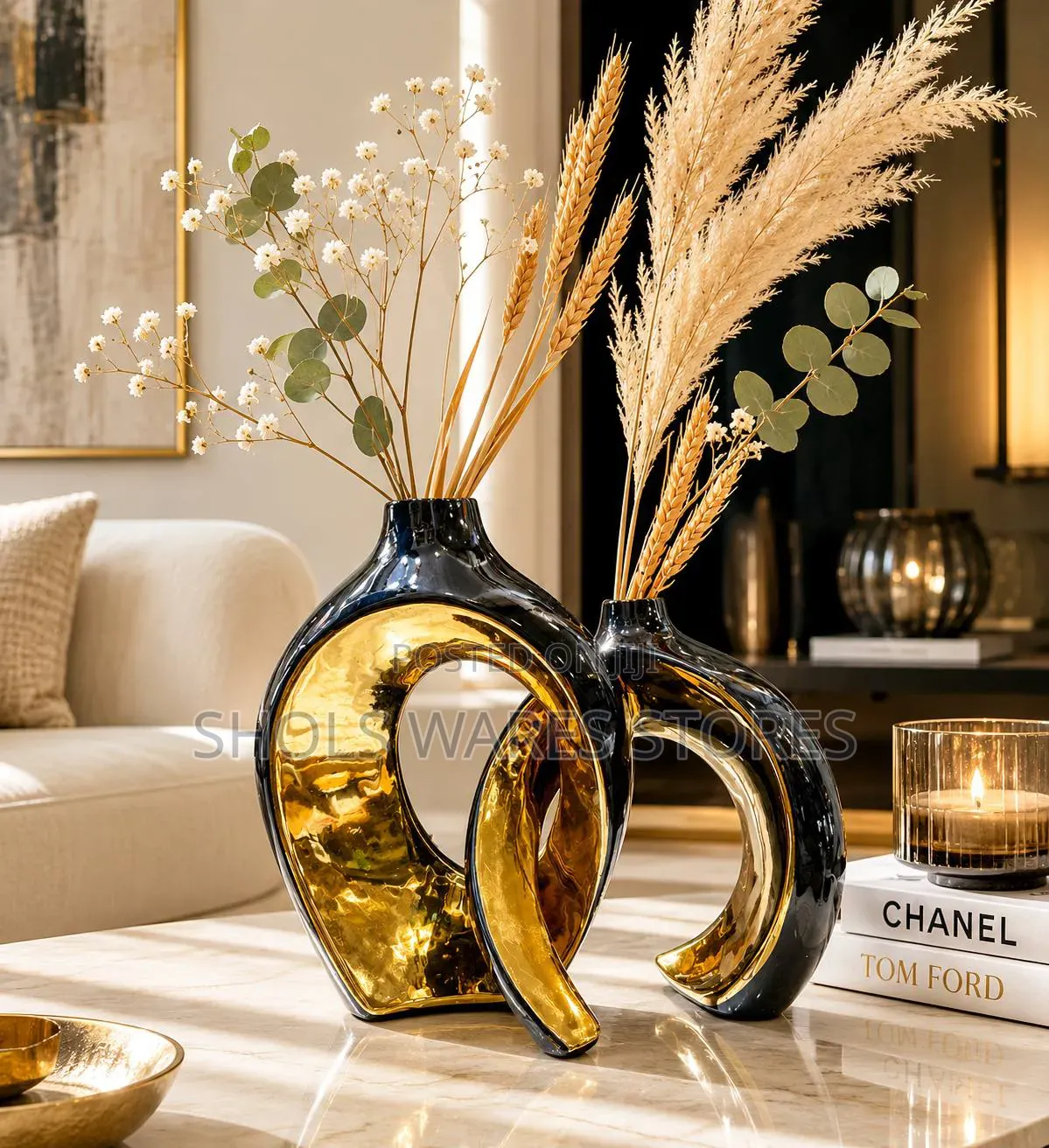 2-Piece Interlocking Gold Ceramic Vase Set - Modern Statement Decor