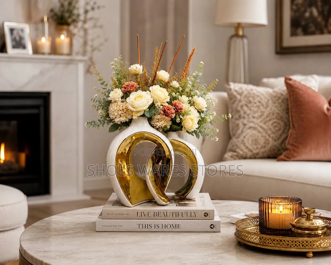 2-Piece Interlocking Gold Ceramic Vase Set - Modern Statement Decor