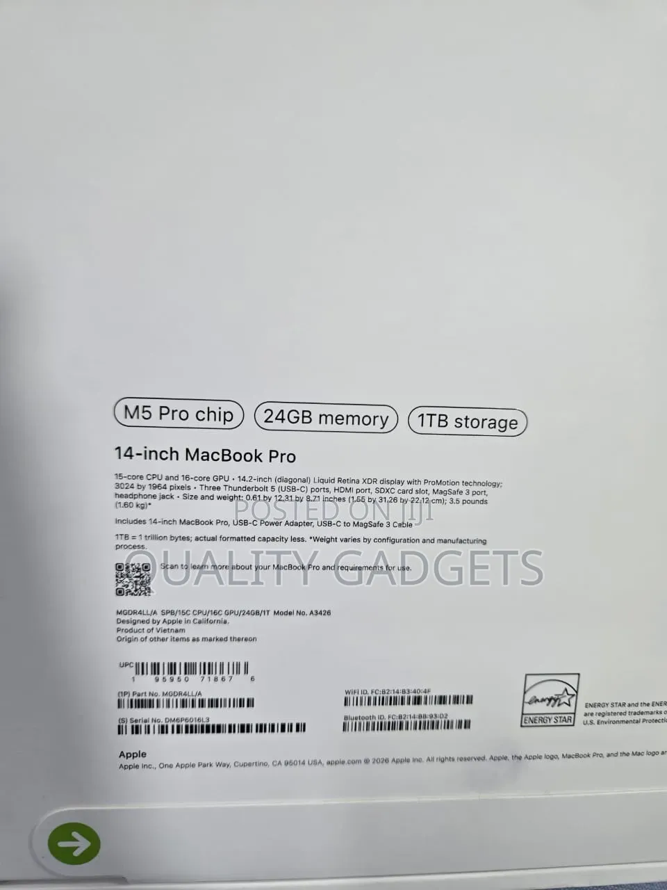 New Laptop Apple MacBook Pro 2026 M5 Pro 24GB Apple M5 Pro SSD 1T