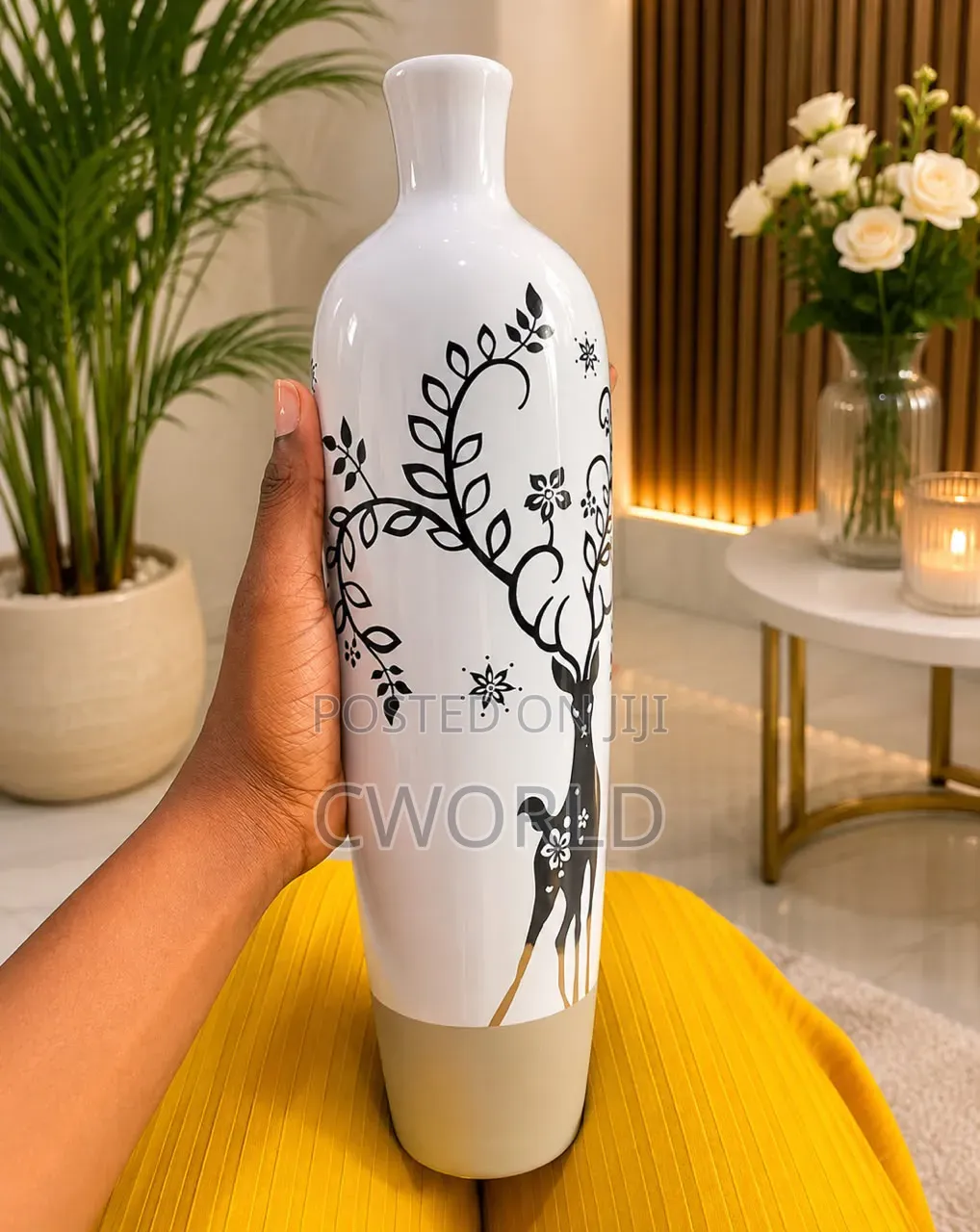 Tall White Ceramic Vase – Woodland Deer