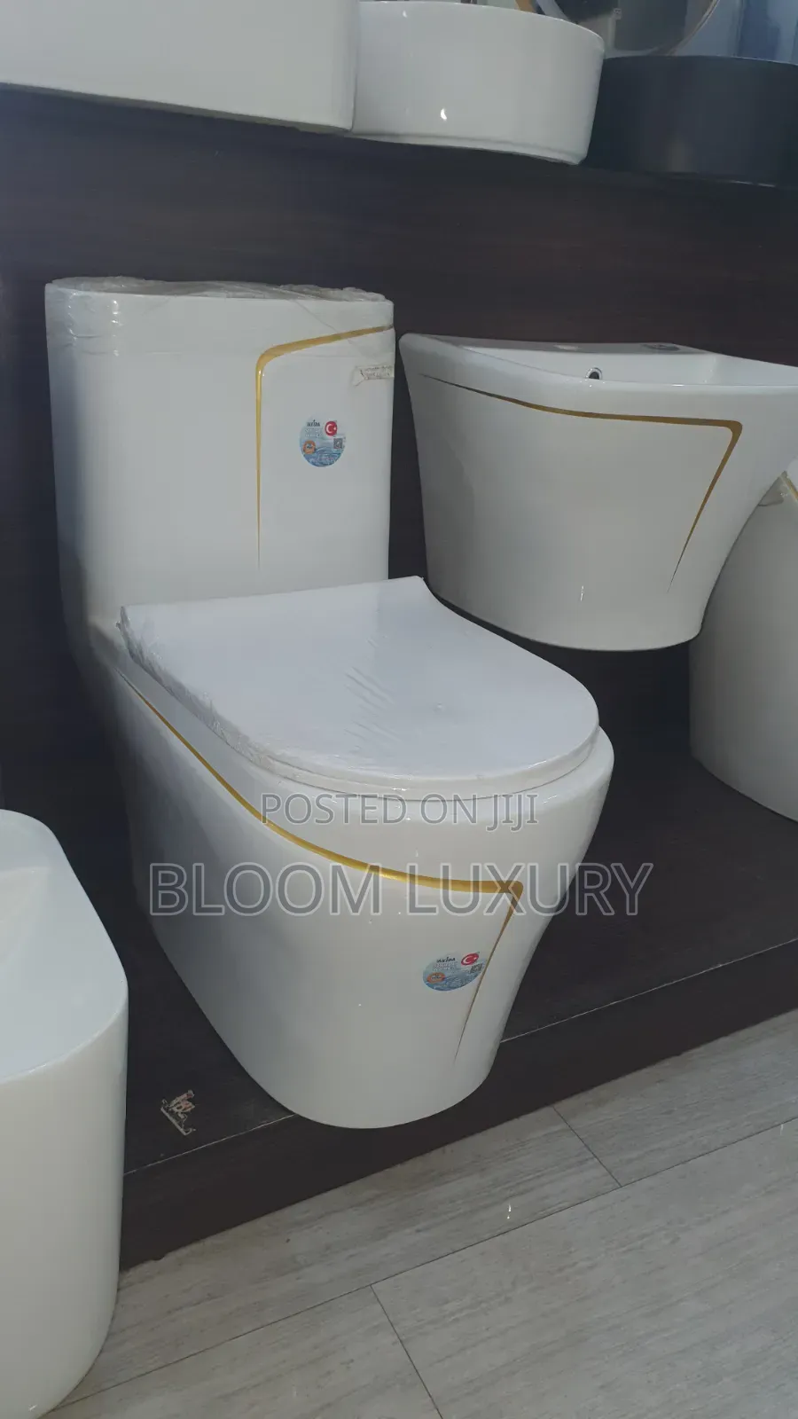 White+Gold Line Water Closet With Wall Hung Basin