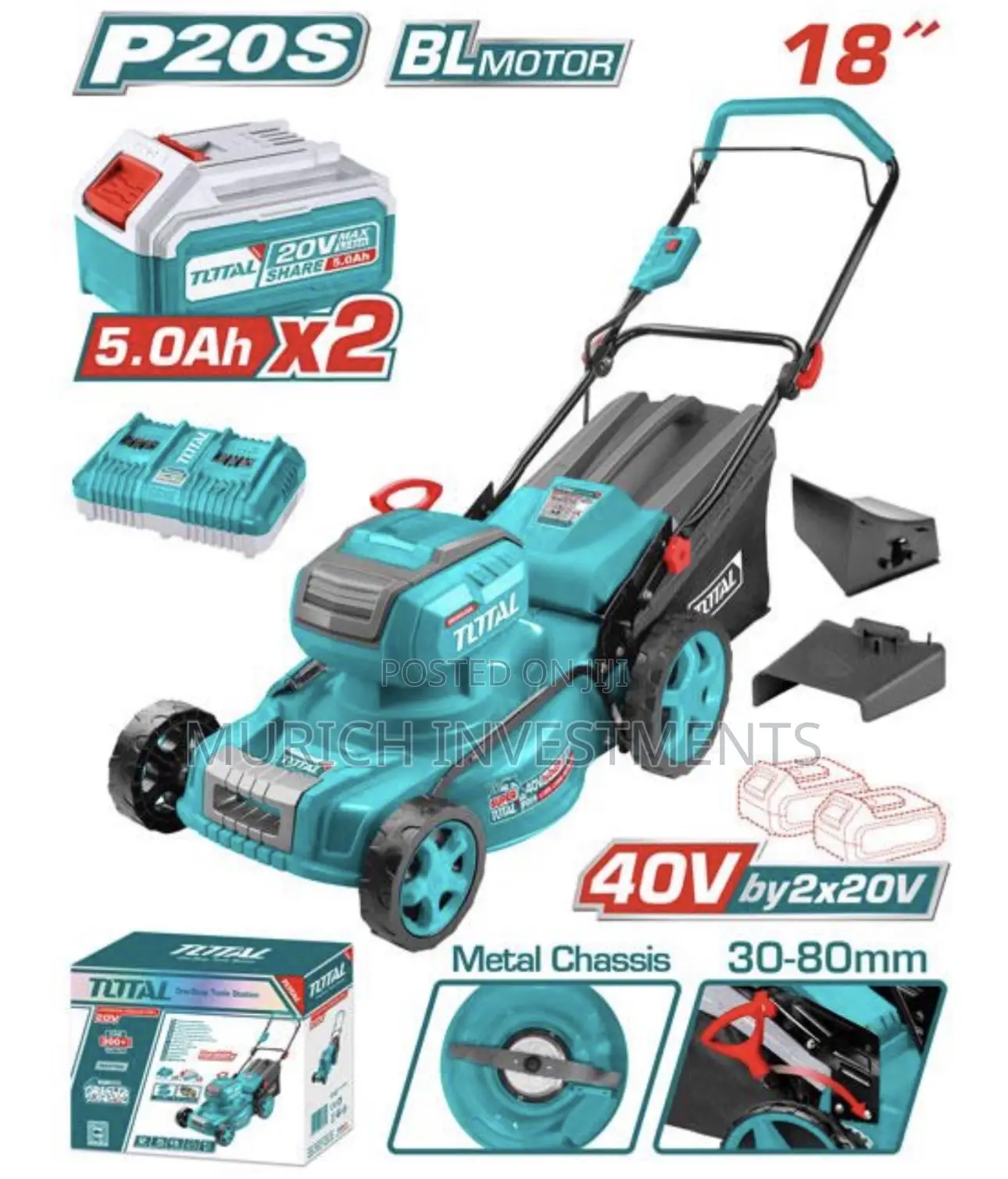 Total Tlmli20186 40v Cordless Lawn Mower With 5.0ah Batteries X 2