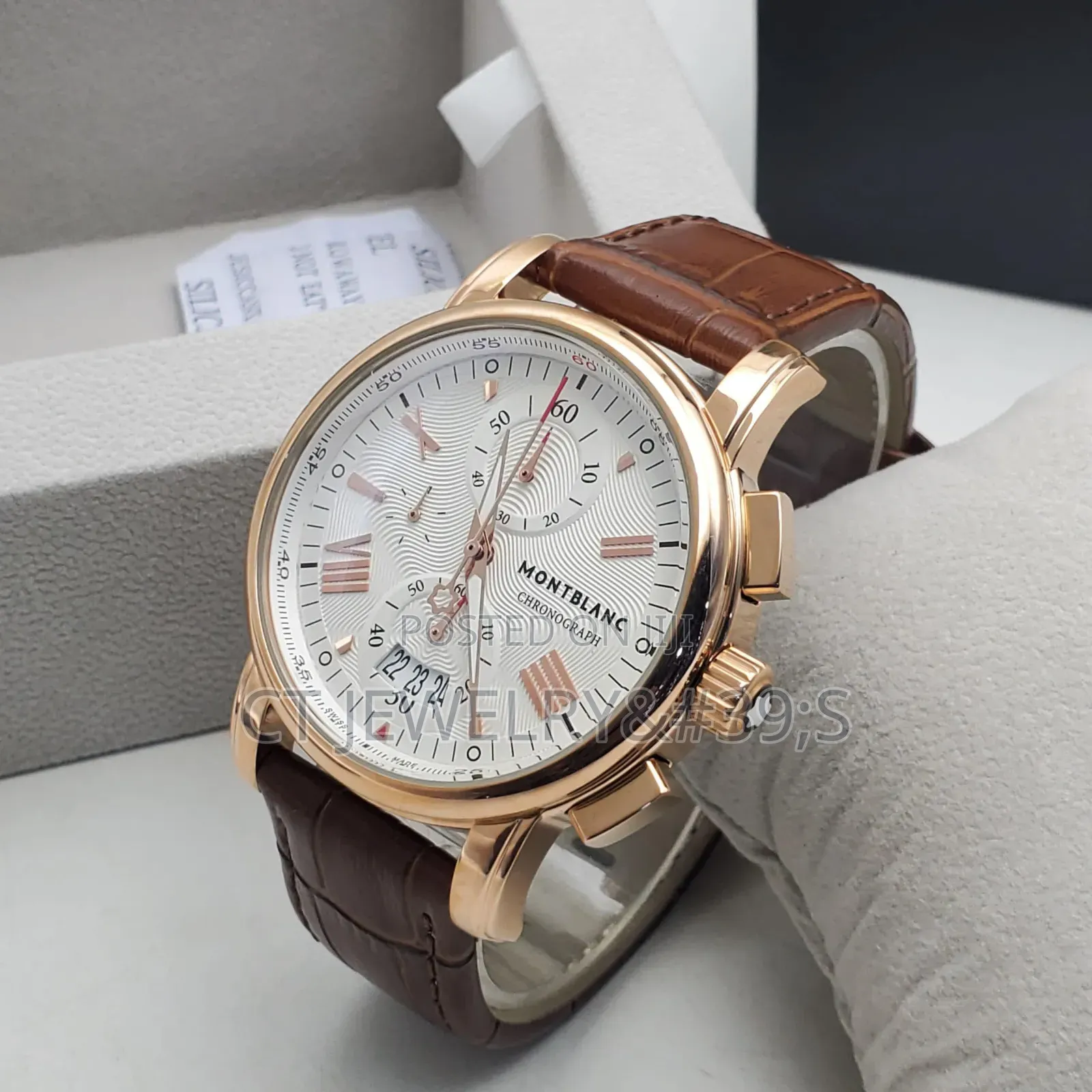 Luxury Montblanc Chronograph Watch Rose Gold Case,Brown Leather Strap