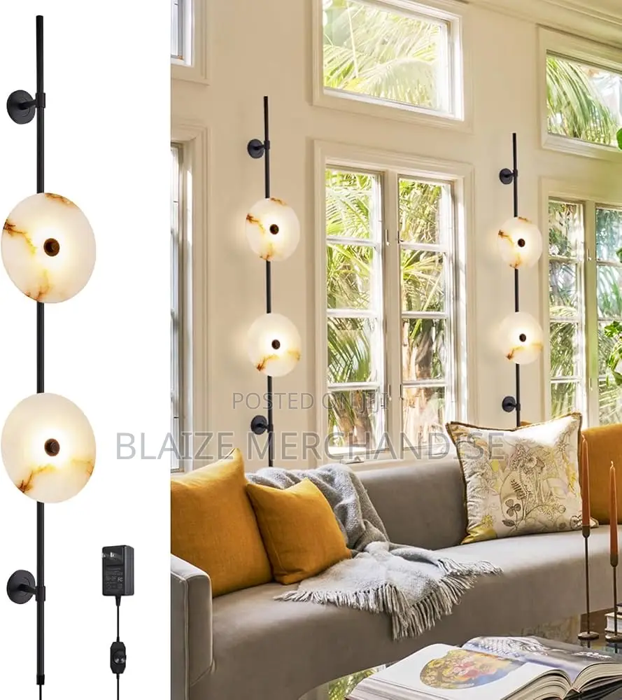 Round Natural Marble Plug in Wall Cord Sconce Lamp With Dimmer Button