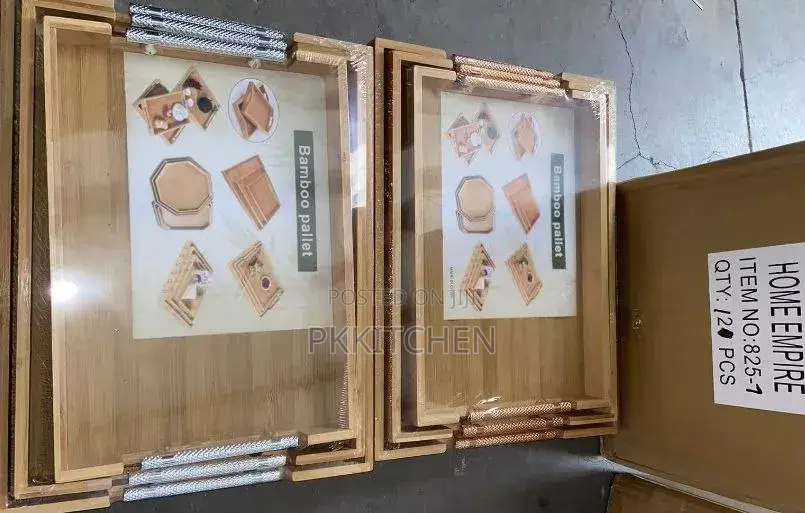 3in1 Bamboo Tray Set With Metal Gold Handle