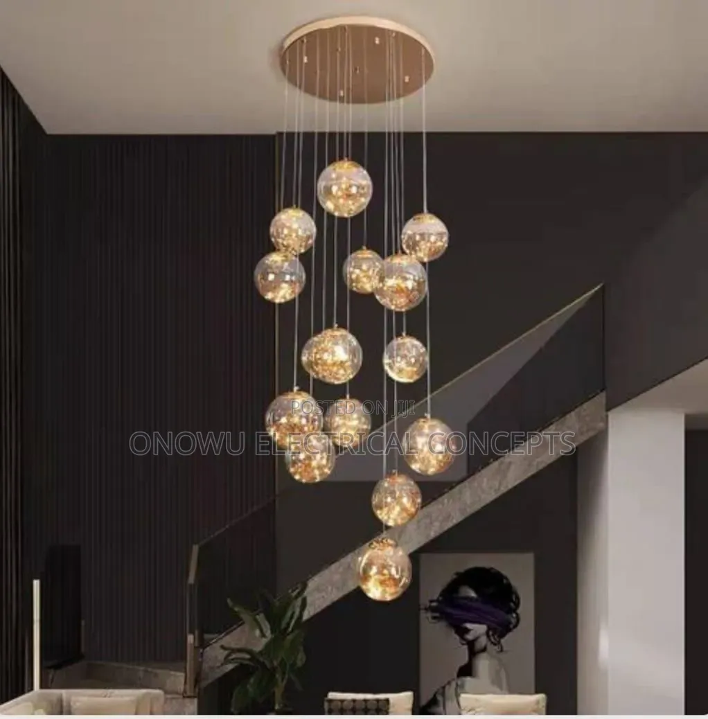 Duplex Staircase Lamp Long Chandelier Black Gold Modern Minimalist