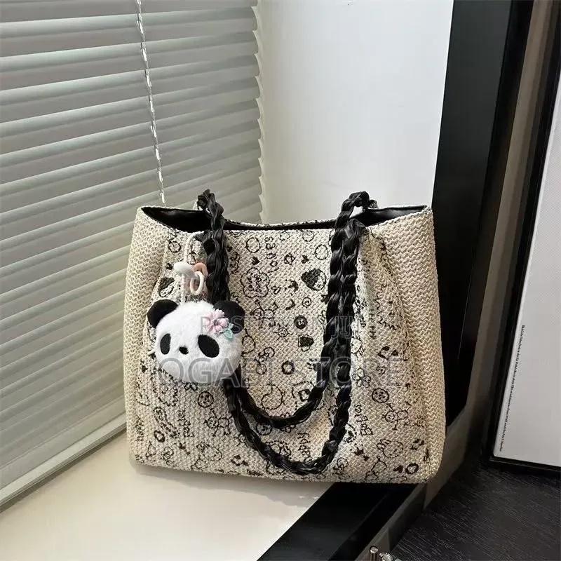 Elegant Woven Tote Handbag With Panda Charm