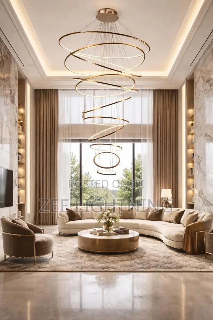 Modern Gold Body High Roofs Chandelier and Staircase (11 Rings)
