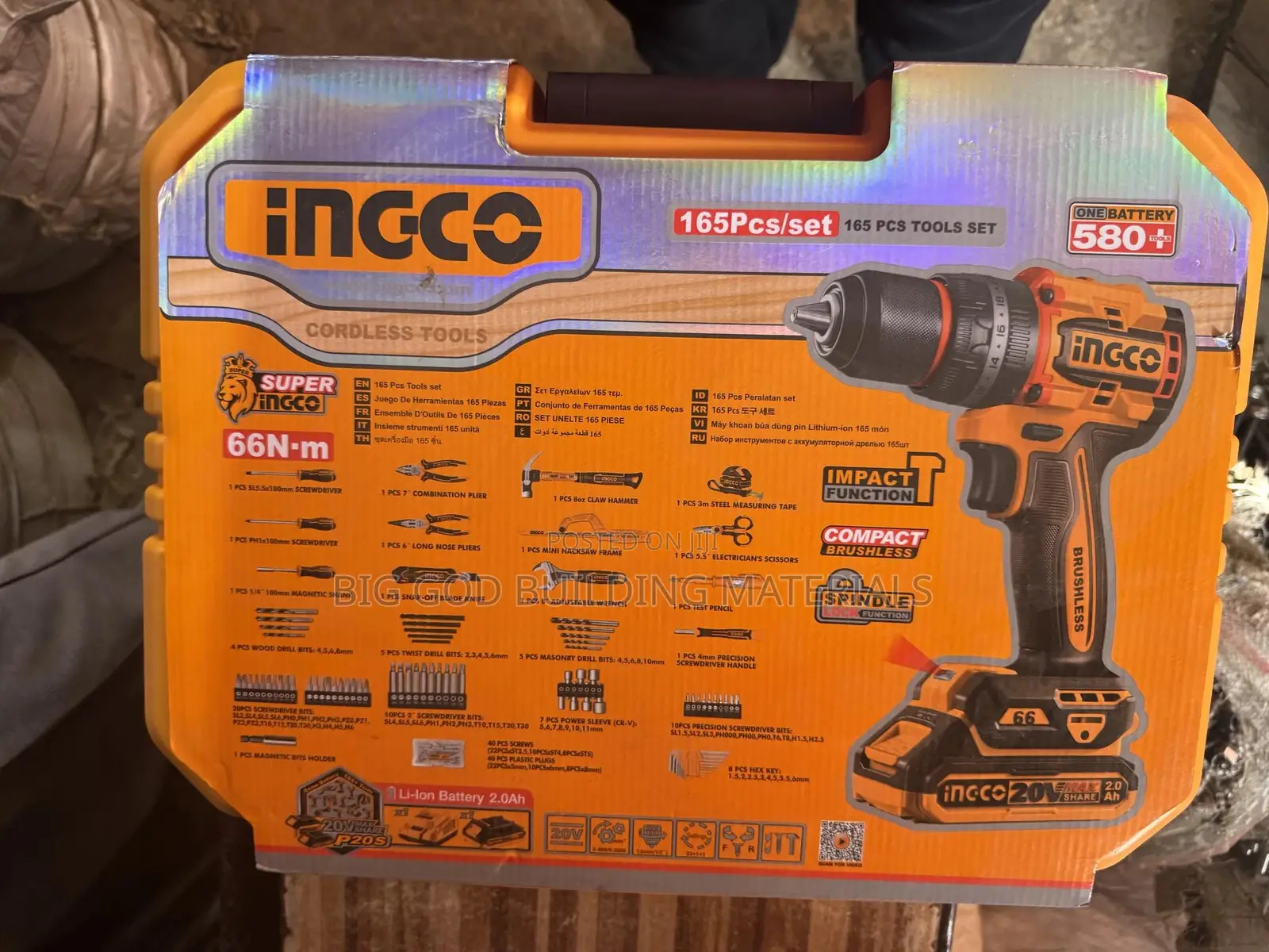 Ingco Tools Box Kit Set 165pcs With 20v Impact Cordless Drill