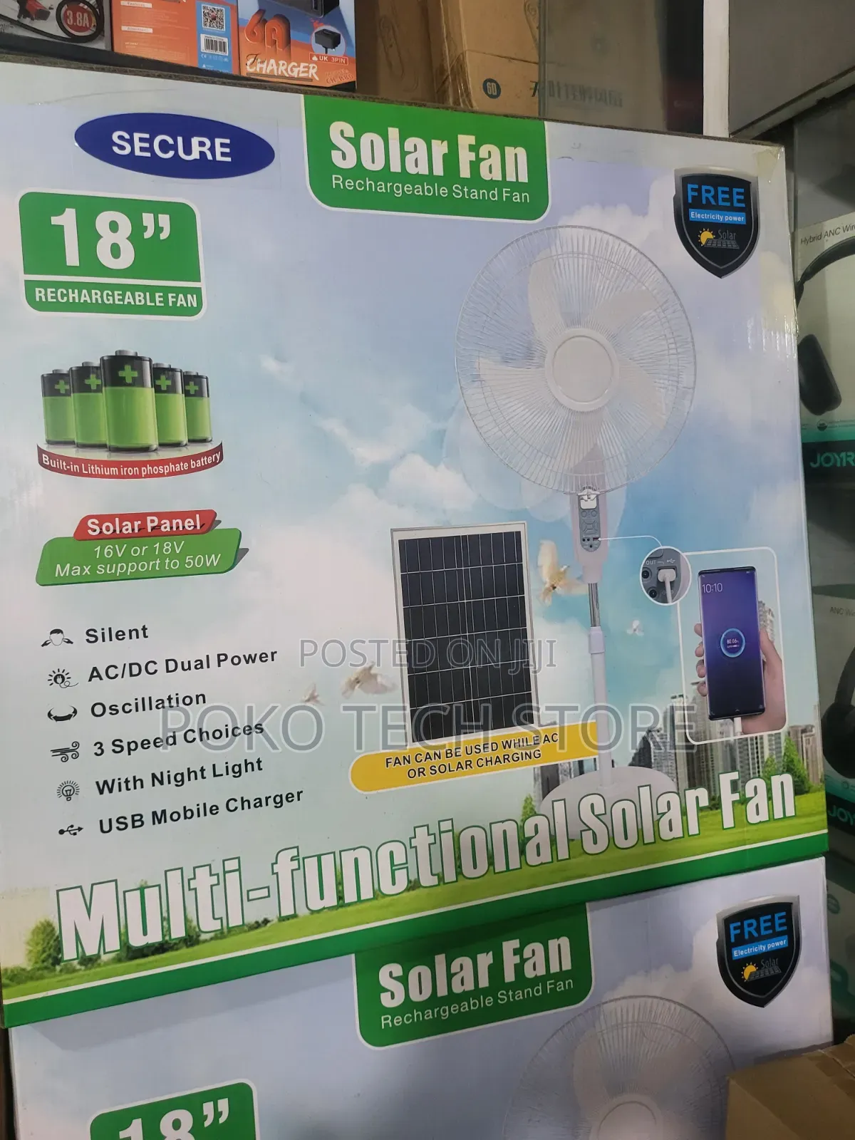Secure 18" Multi-Functional Solar Rechargeable Stand Fan.
