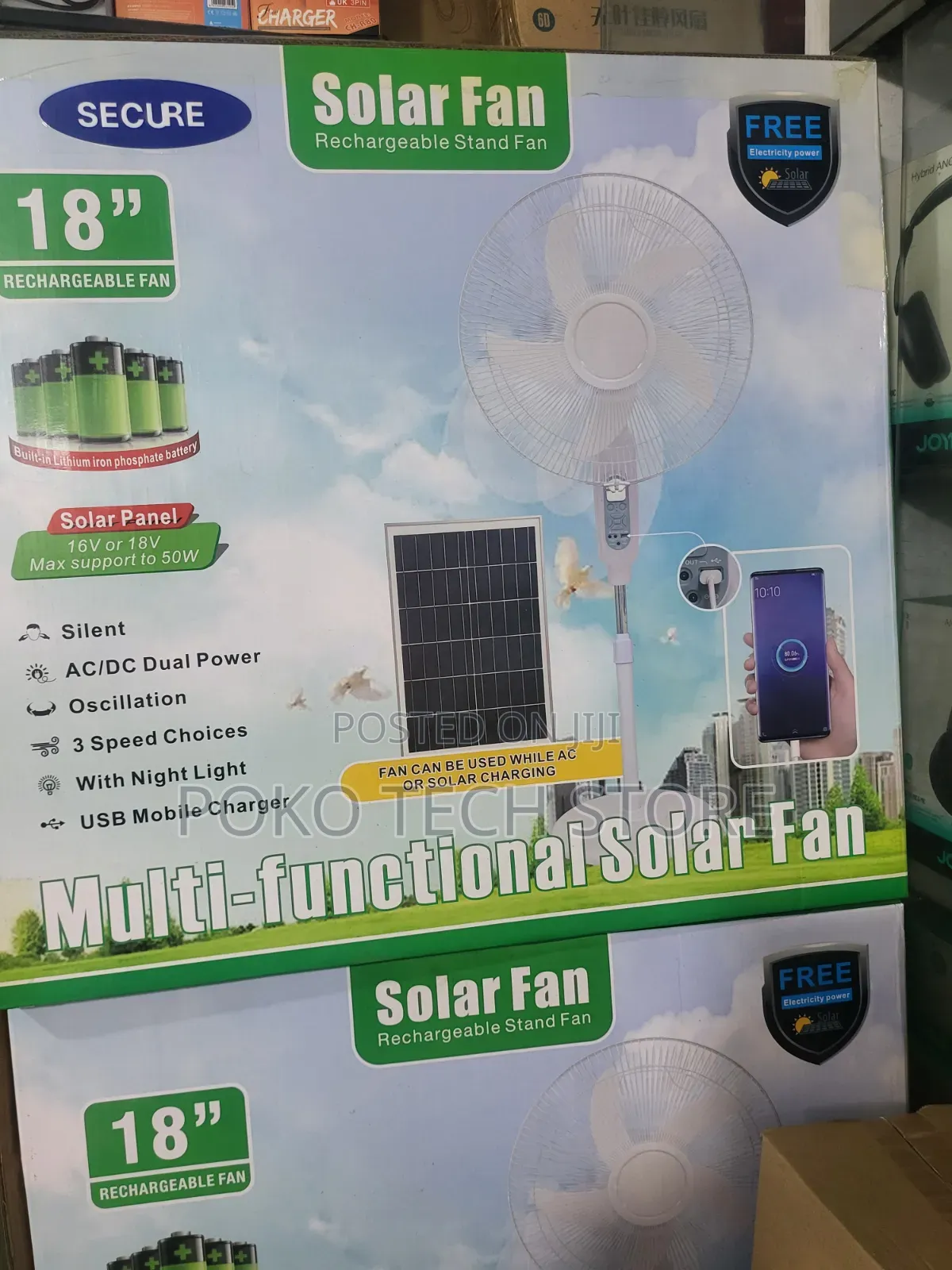 Secure 18" Multi-Functional Solar Rechargeable Stand Fan.