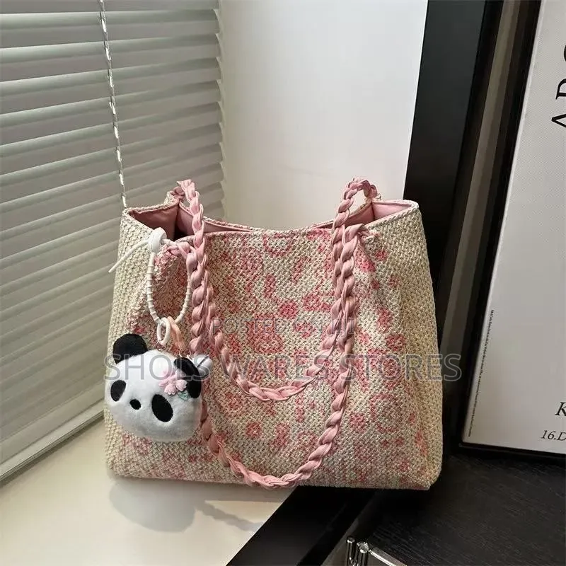 Kawaii Woven Straw Tote Bag With Panda Charm