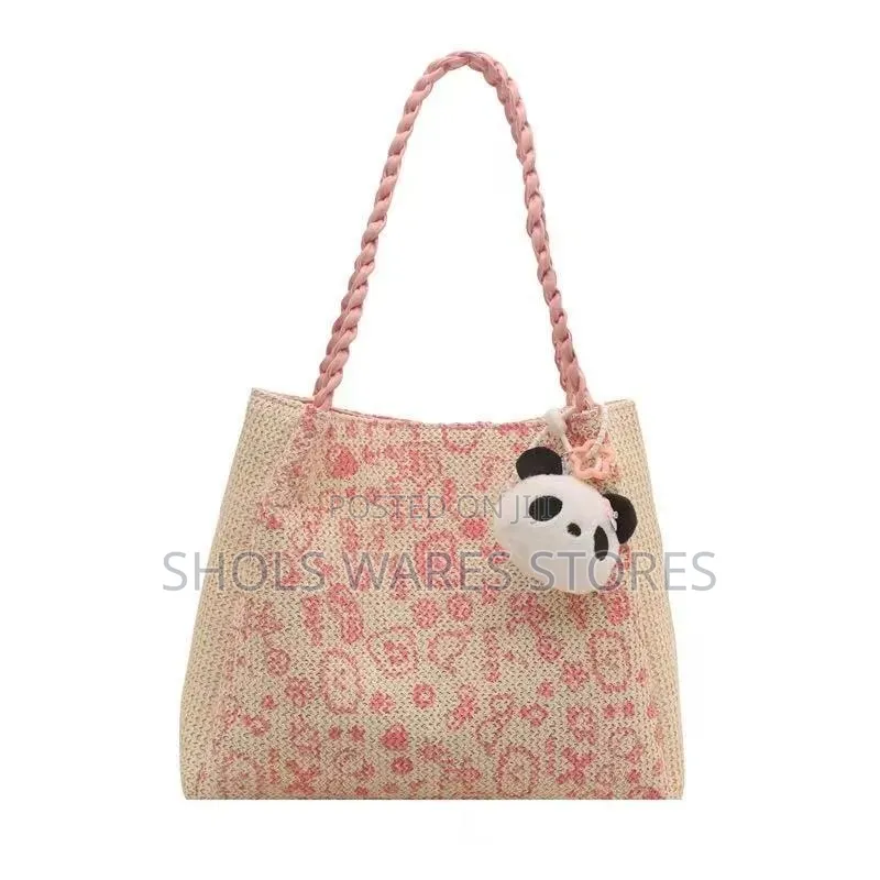 Kawaii Woven Straw Tote Bag With Panda Charm