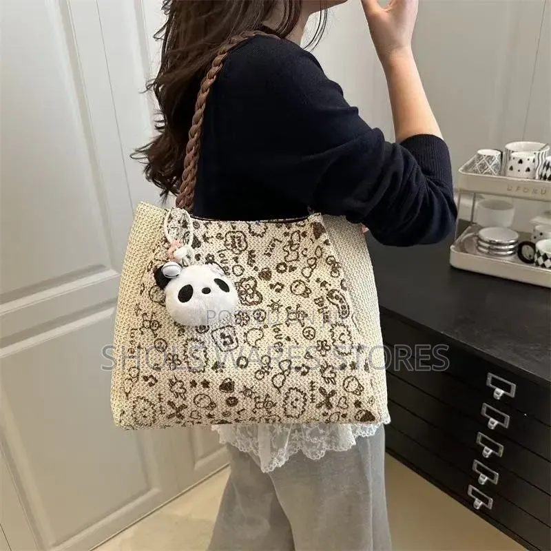 Kawaii Woven Straw Tote Bag With Panda Charm