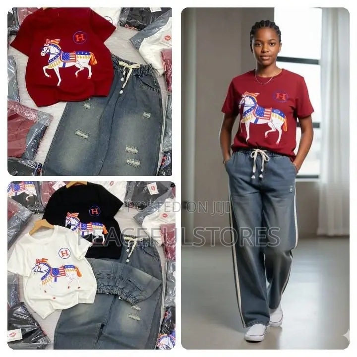 Trendy Teenagers' Embroidered Horse Tee Drawstring Denim Set