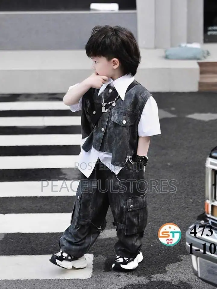 Boys' Luxury 3-Piece Acid-Wash Denim Vest Cargo Set