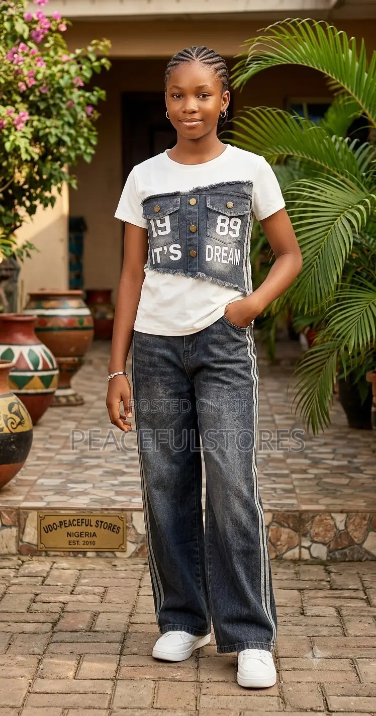 Teenagers' Luxury 2-Piece "Dream" Overlay Tee Wide-Leg Denim Set