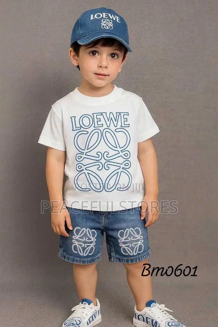 Boys' Luxury Loewe Inspired Tee, Denim Shorts Cap 3-Piece Set
