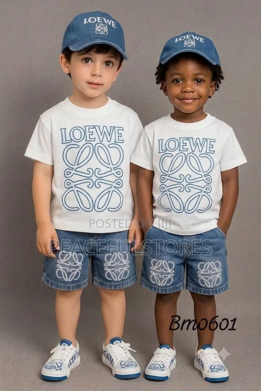Boys' Luxury Loewe Inspired Tee, Denim Shorts Cap 3-Piece Set