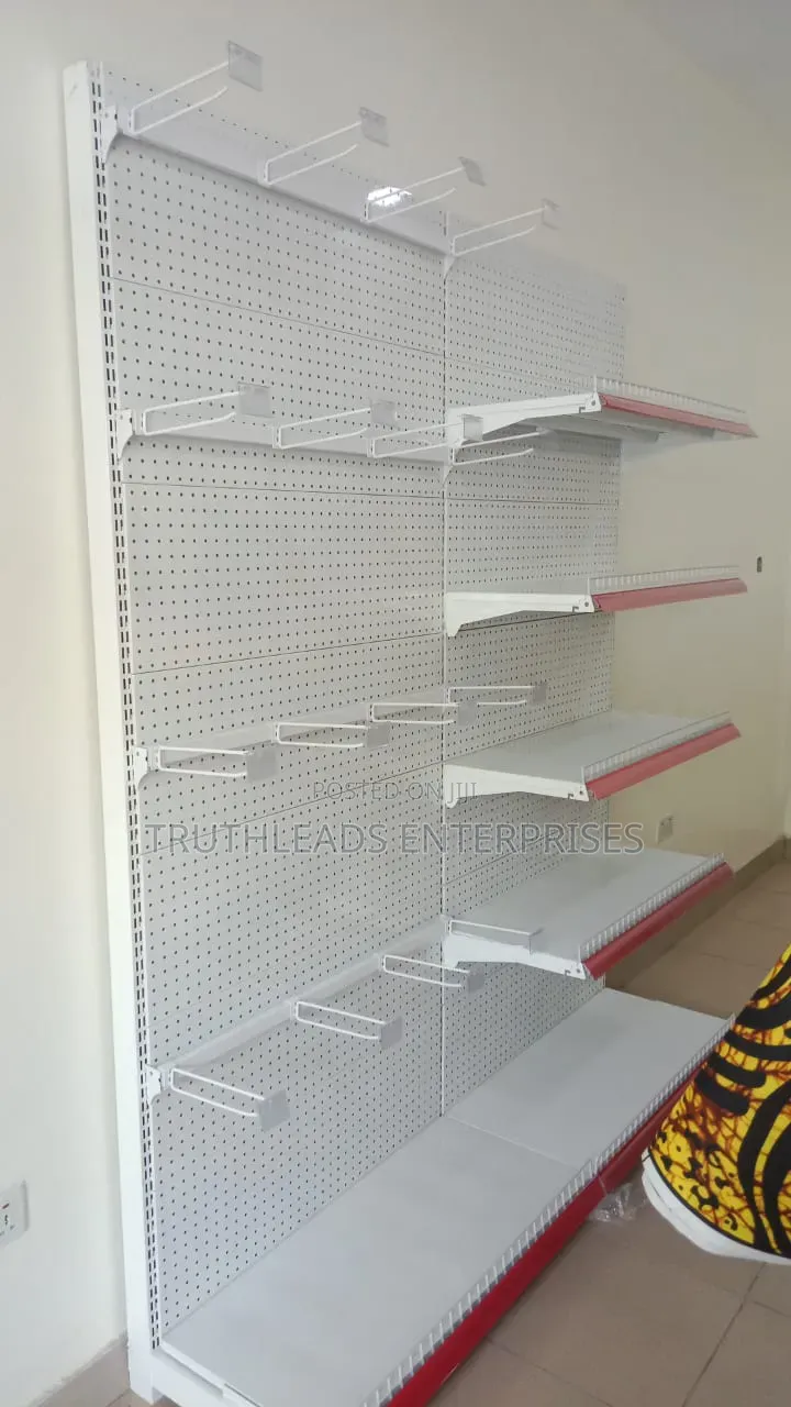 Two Merged Supermarket Gondola Shelf With 6 Layers, 4 Beams, 16 Hooks.