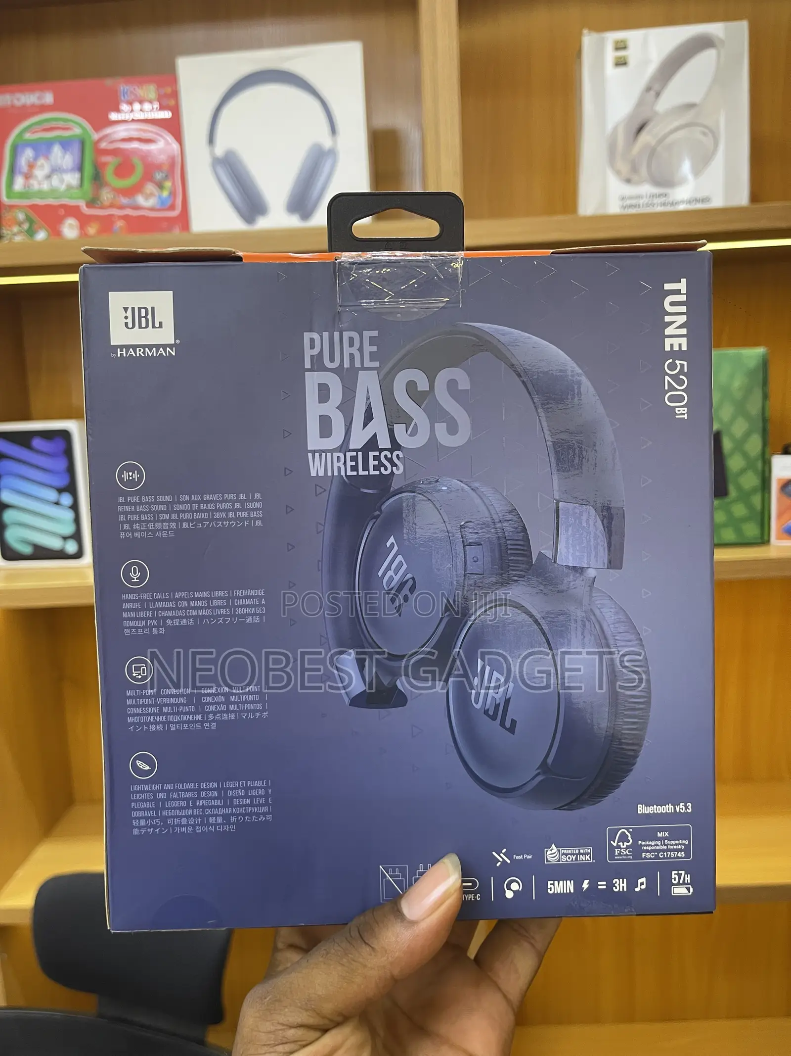 Blue JBL Tune 520 Bluetooth Headphones