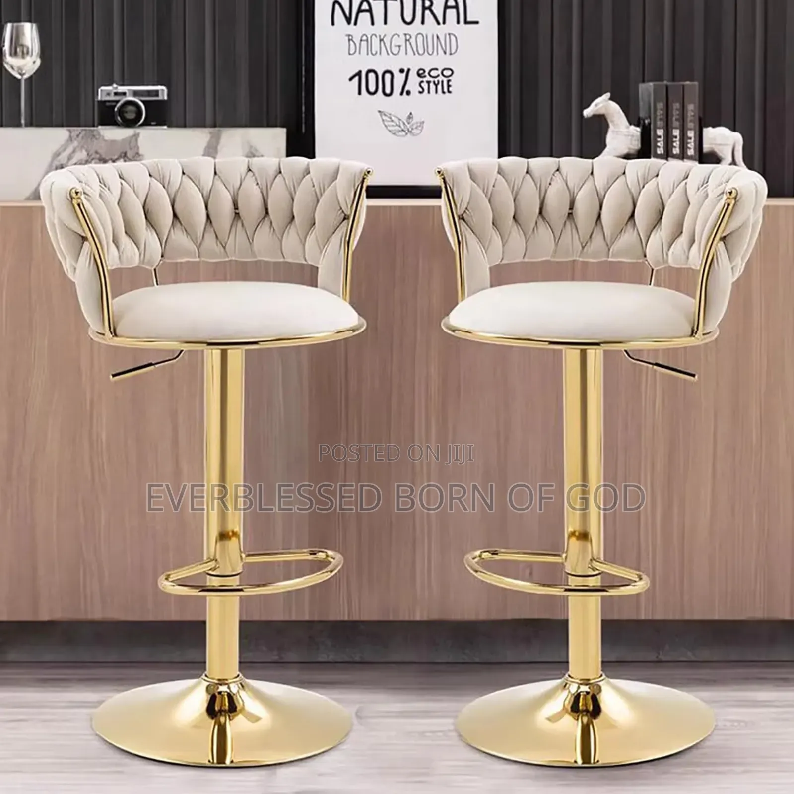 Velvet Fabric Woven Backrest Gold Metal Base Bar Stool