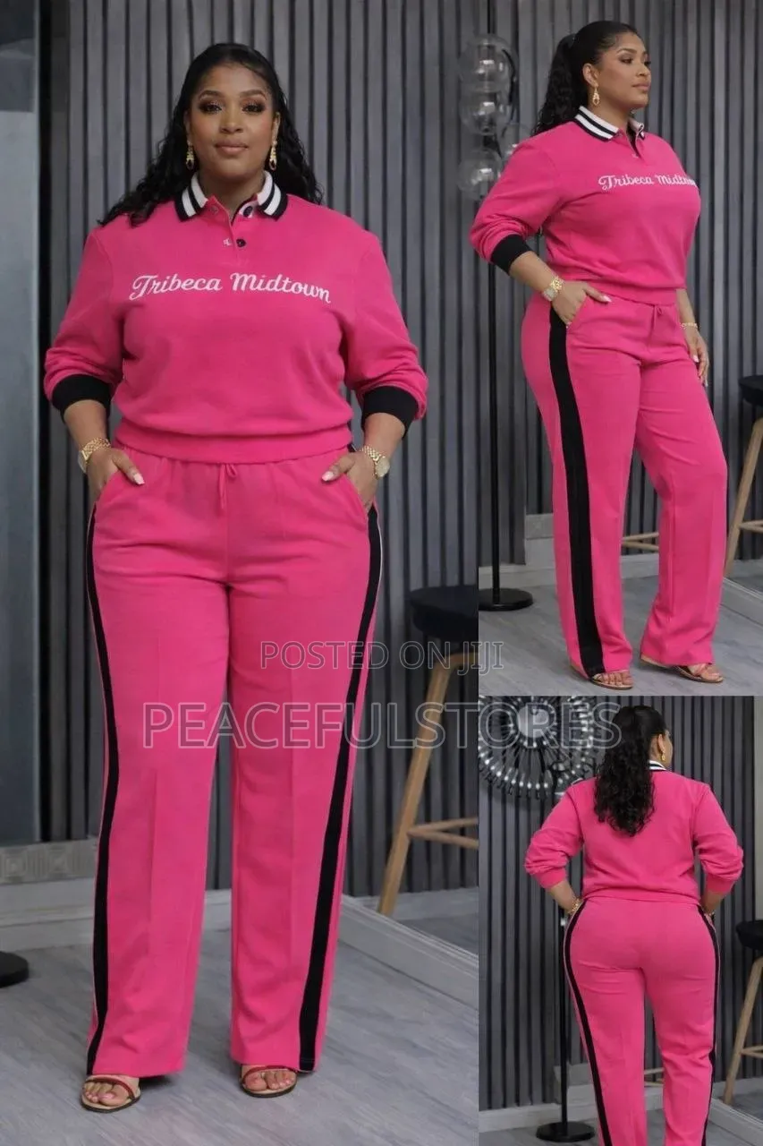 Women's Plus Size Pink 2-Piece Set, Wide Leg Pants Tracksuit