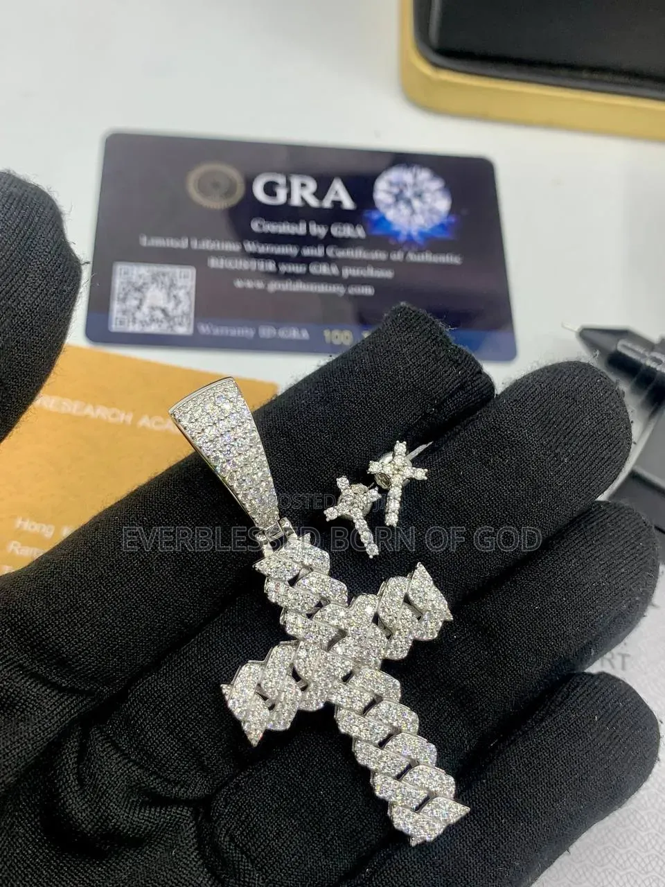 VVS Moissanite Diamond Cross Pendant on Steel Neck Chain and Earring