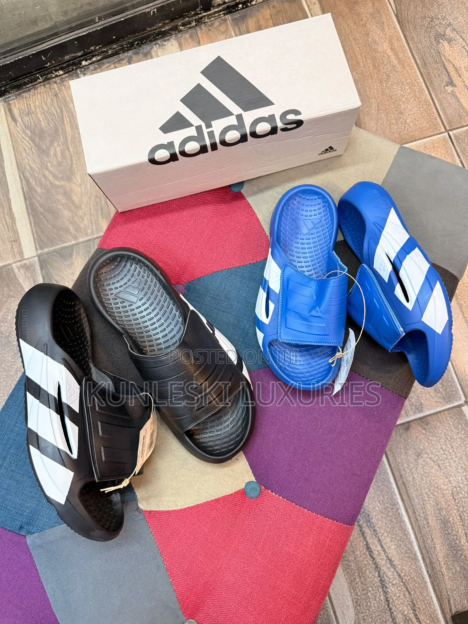 Original Adidas Light Blaze Black / Blue Adjustable Strap Slides