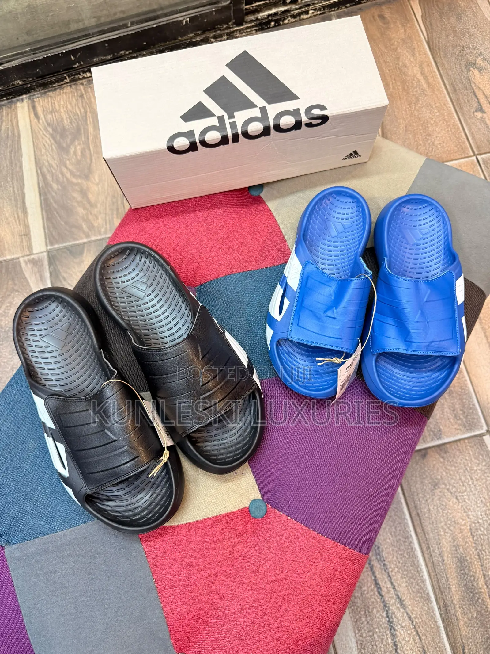 Original Adidas Light Blaze Black / Blue Adjustable Strap Slides