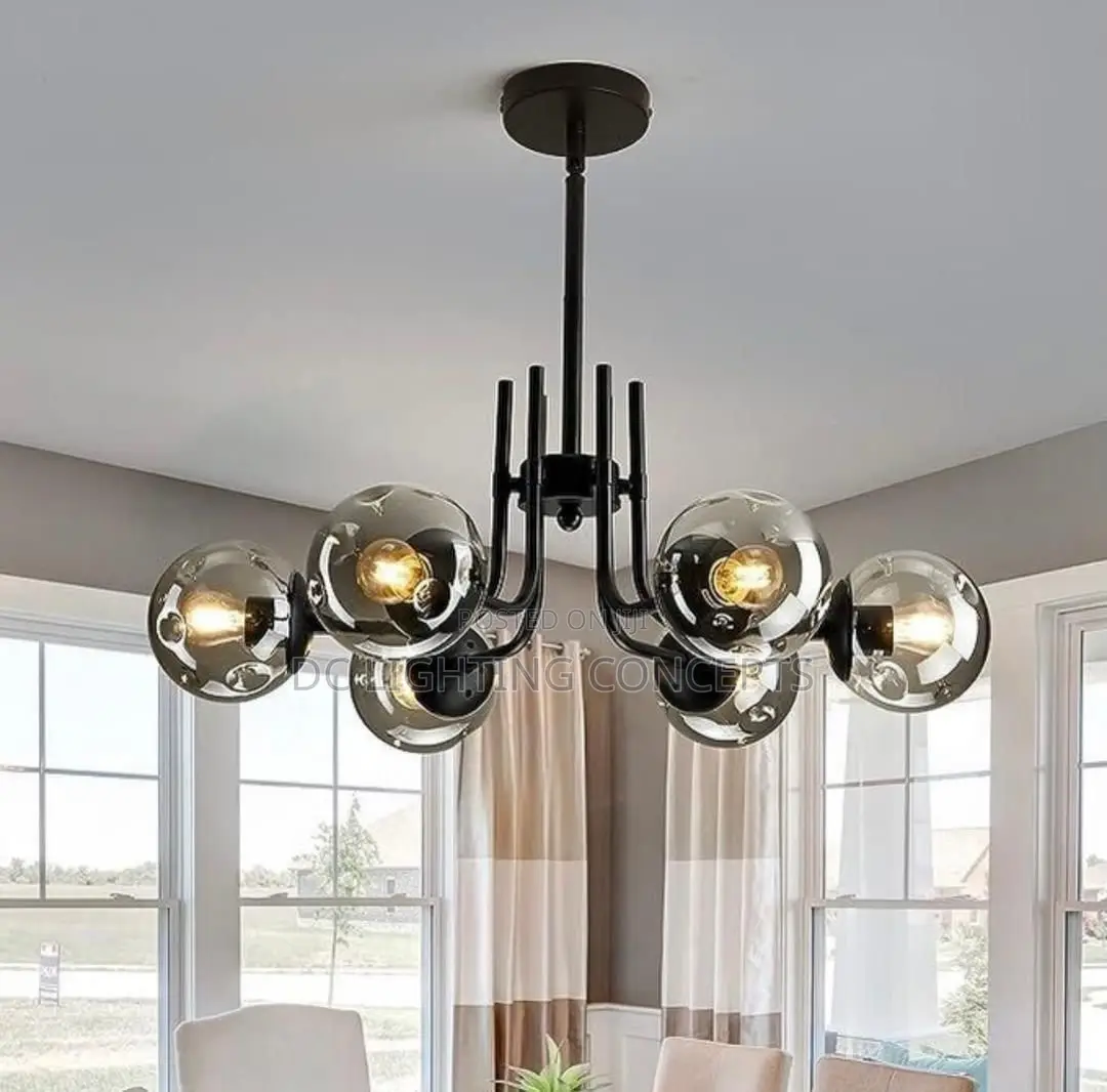Modern Black Metal 6-Light Glass Globe Sputnik Semi Flush Chandelier.