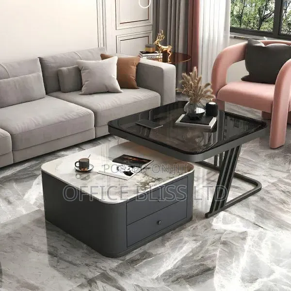 Exquisite Marble/ Dark Glass 2 in 1 Drawer Center Table