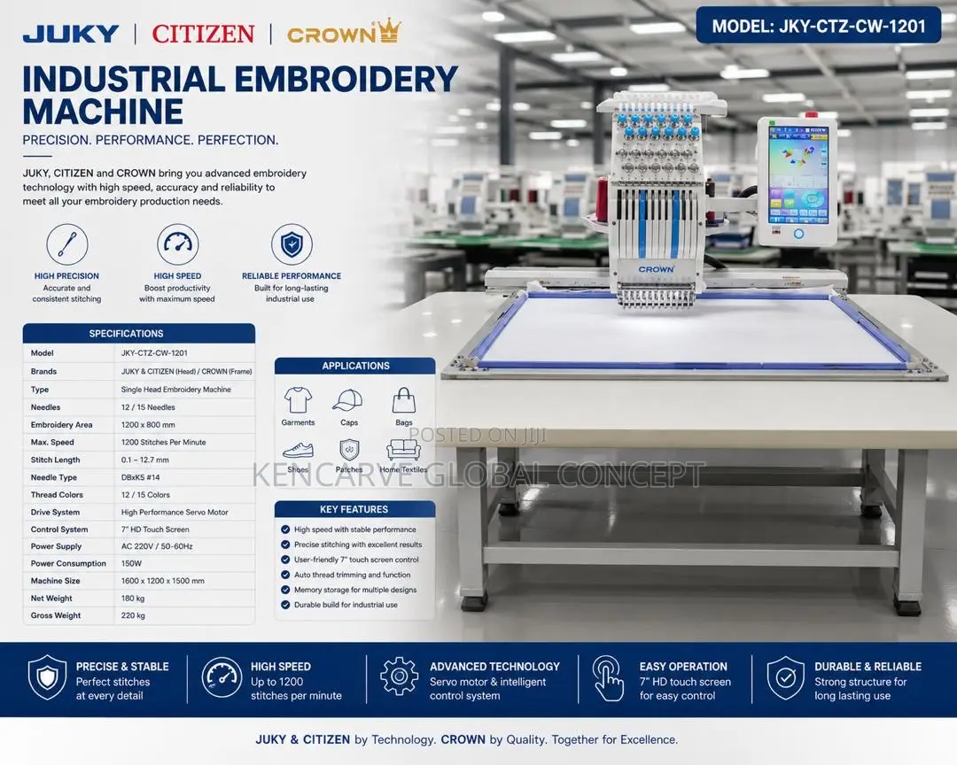 Industrial Embroidery Machine Precision. Juky, Citizen and Crown