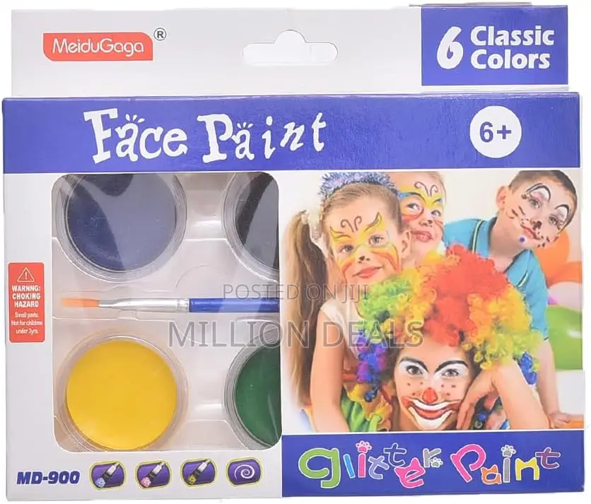 Non-Toxic Glitter Face Paint Pack of 6 Colors With Brush - Multi Color