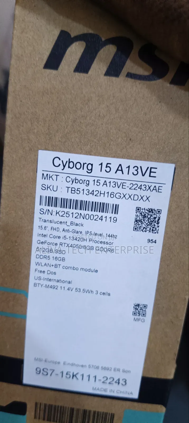 New Laptop MSI Cyborg 15 16GB Intel Core i5 SSD 512GB