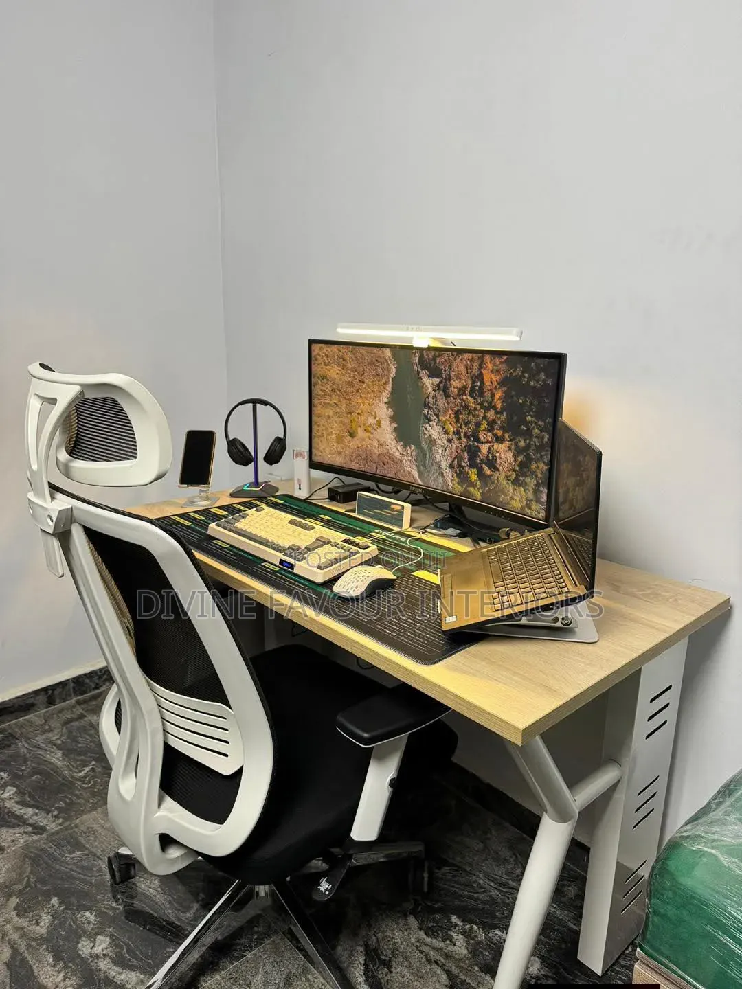 Home and Office Desk With White Back Chair
