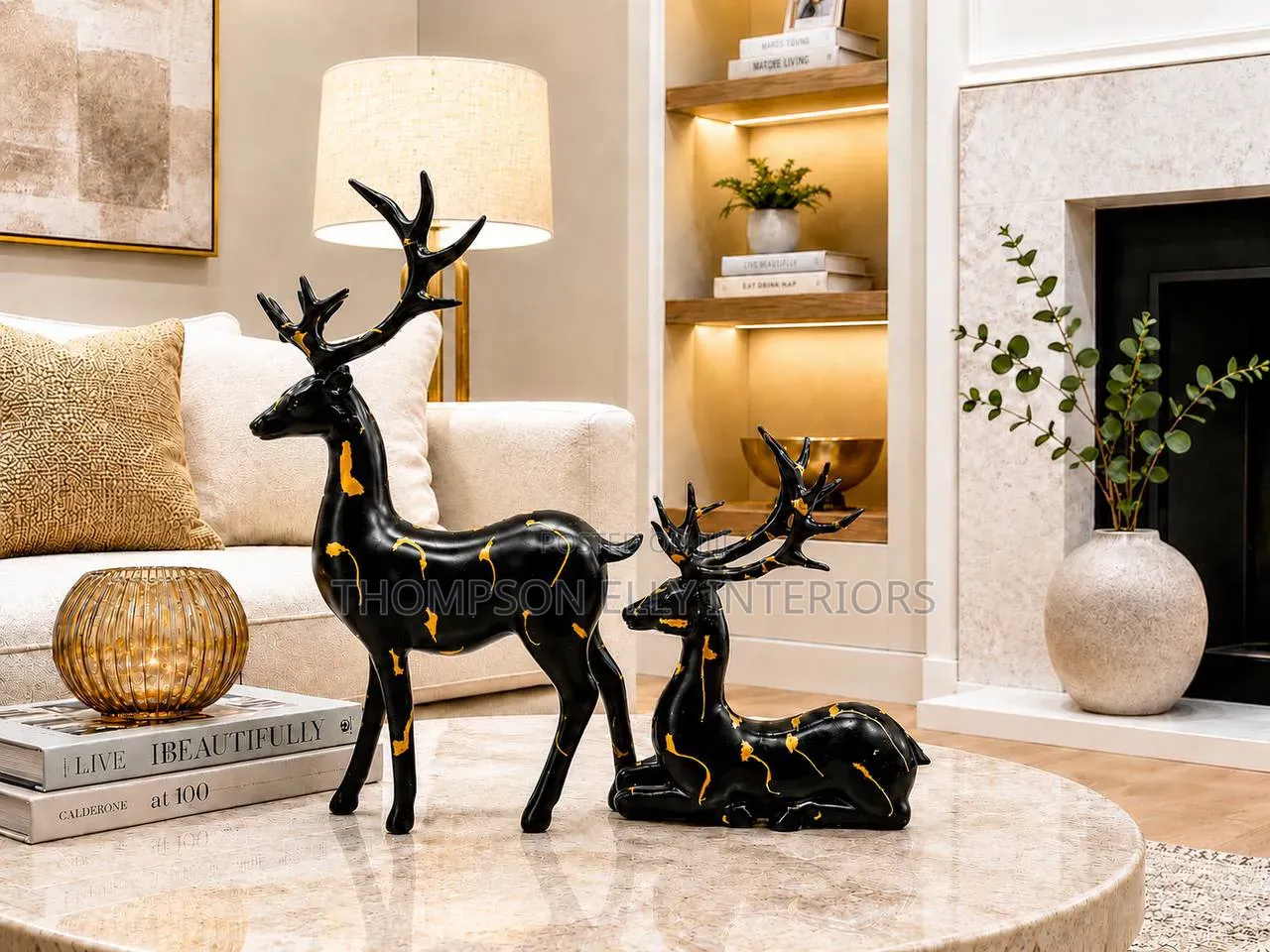 The Faux- Marble Resin Deer Statue Set