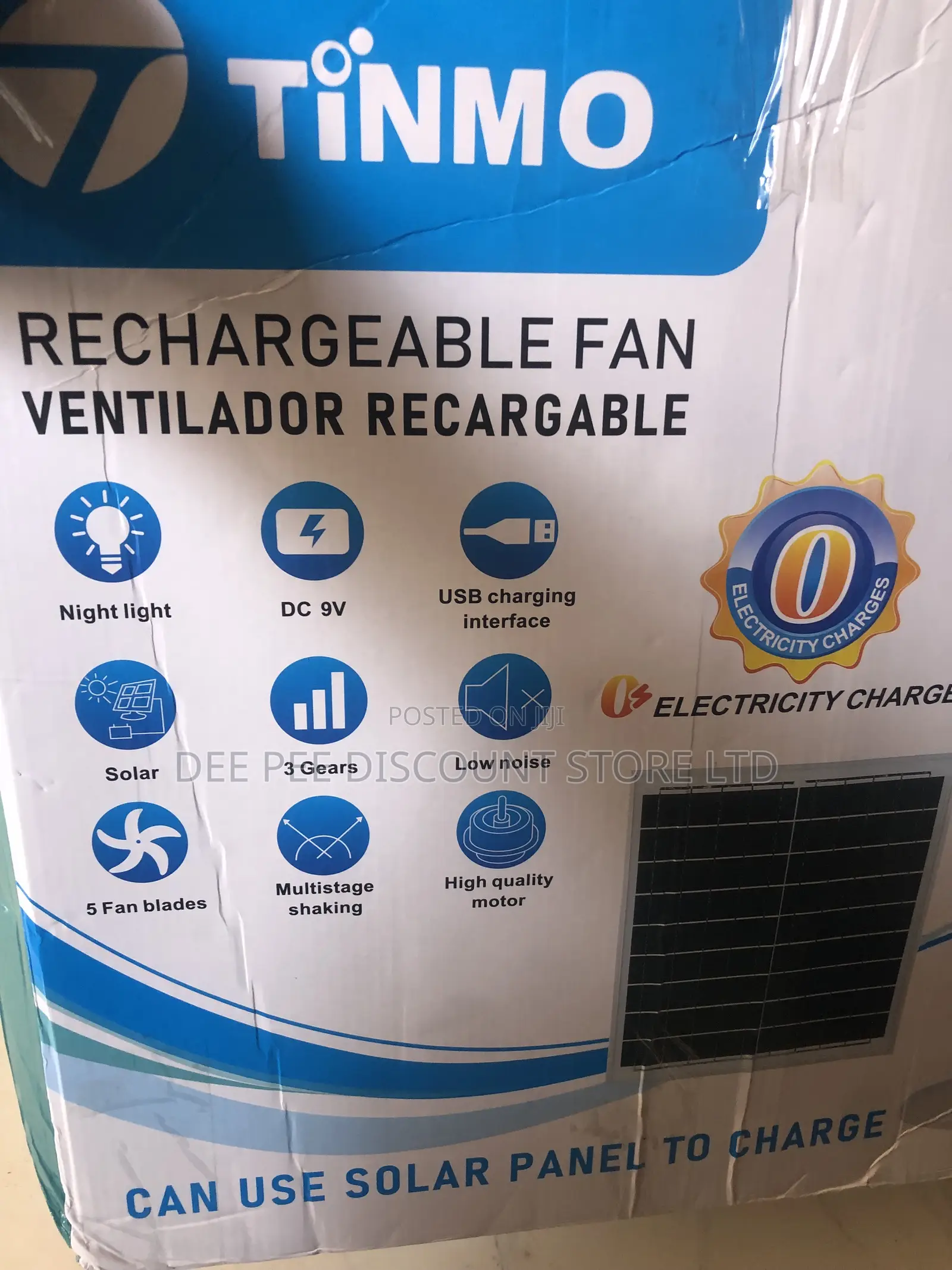 Tinmo 20” Rechargable Standing Fan + Solar Panel (Tm-73)