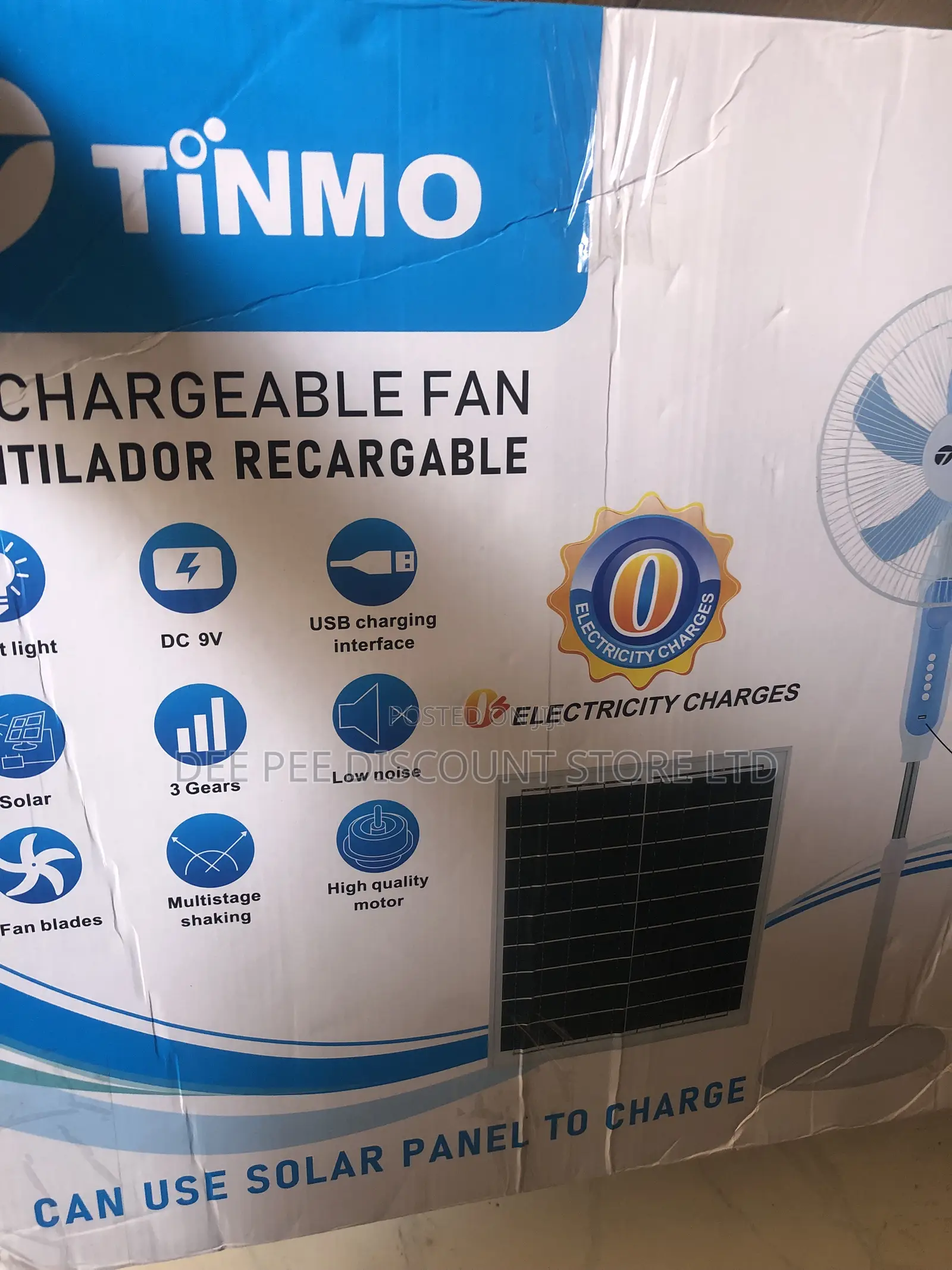 Tinmo 20” Rechargable Standing Fan + Solar Panel (Tm-73)