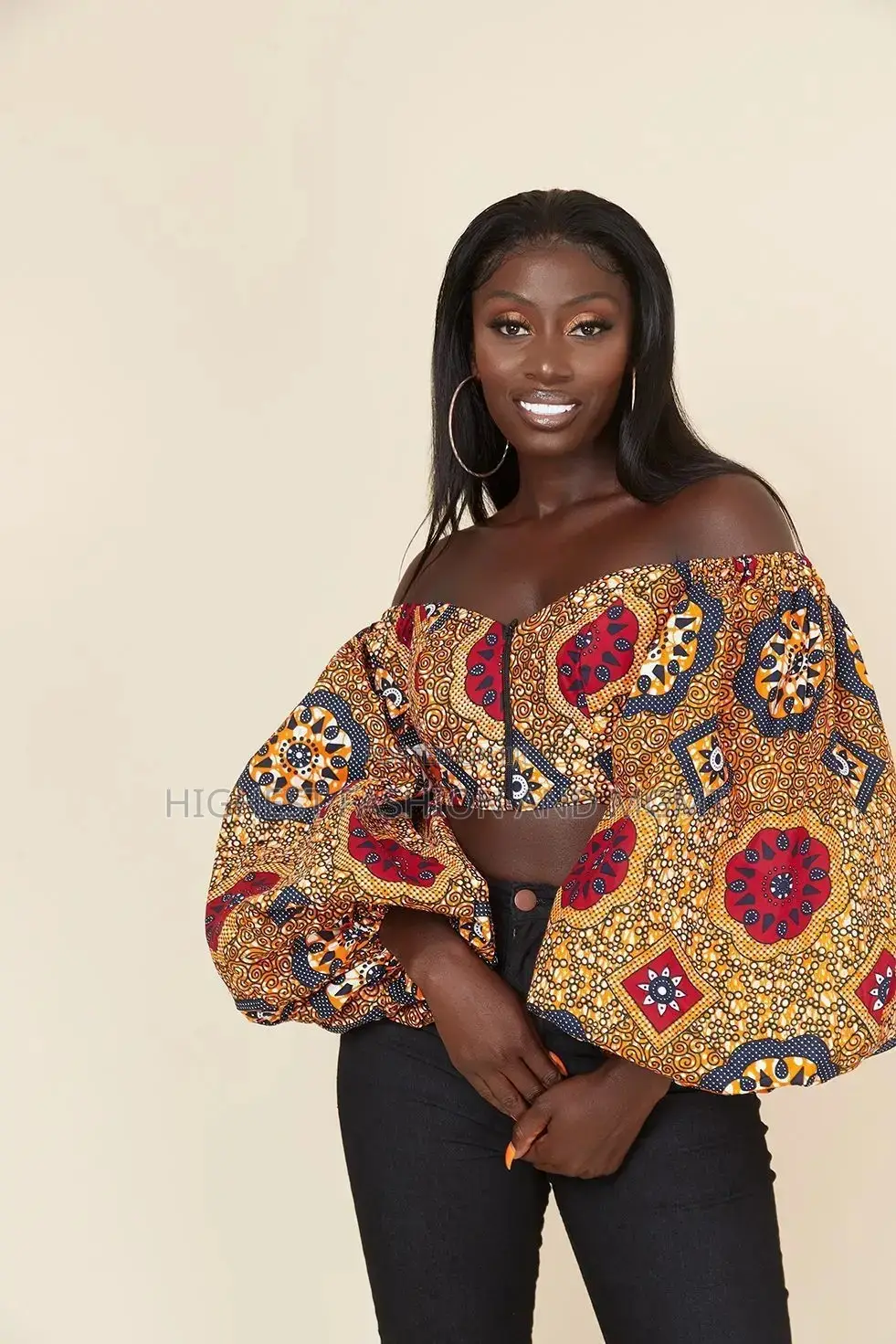 Print Lantern Sleeve Crop Top
