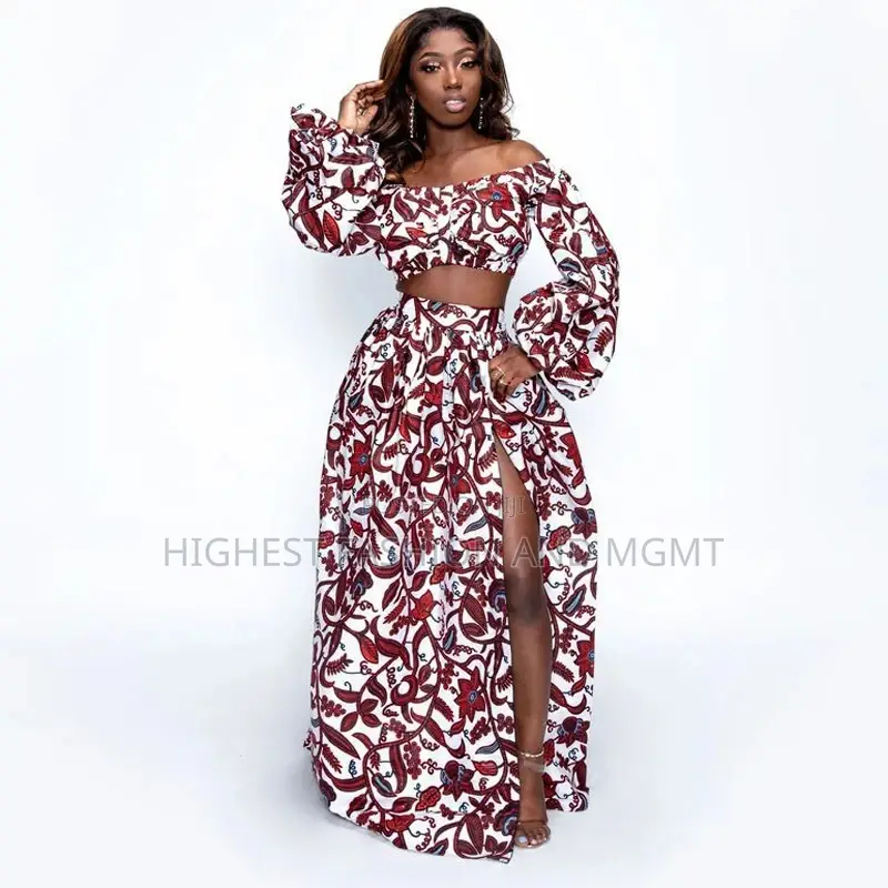 Print Lantern Sleeve Crop Top and Skirt