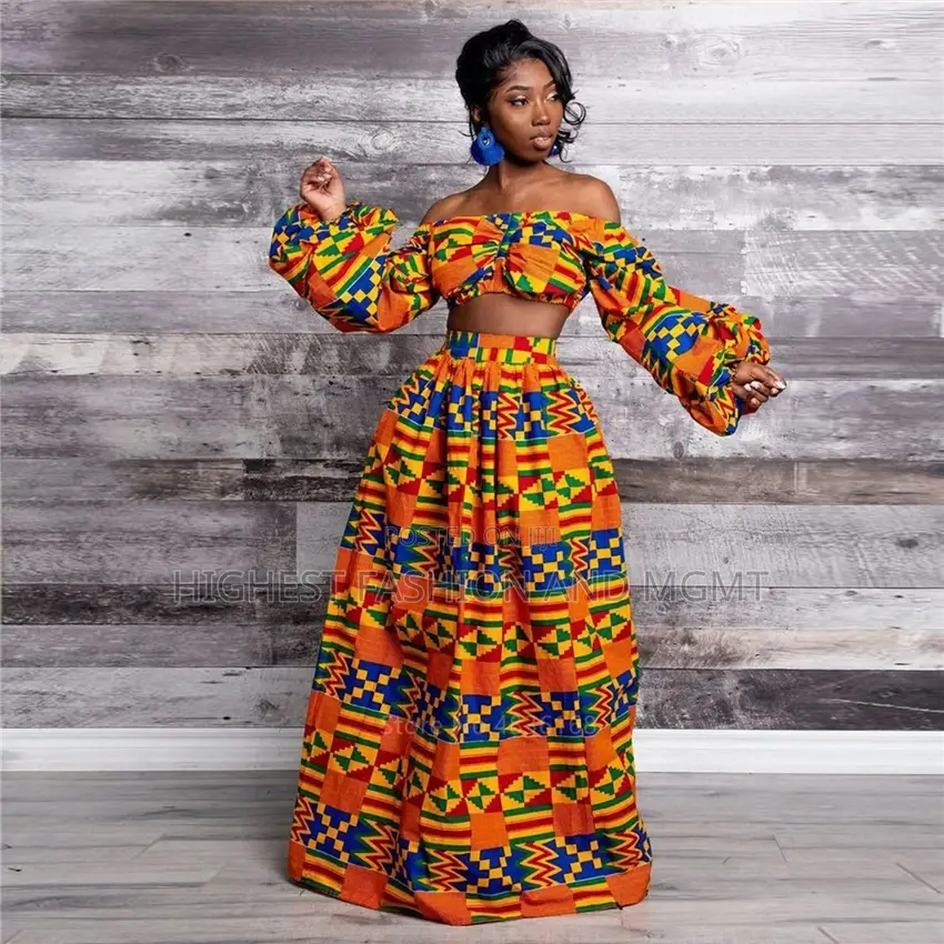 Print Lantern Sleeve Crop Top and Skirt
