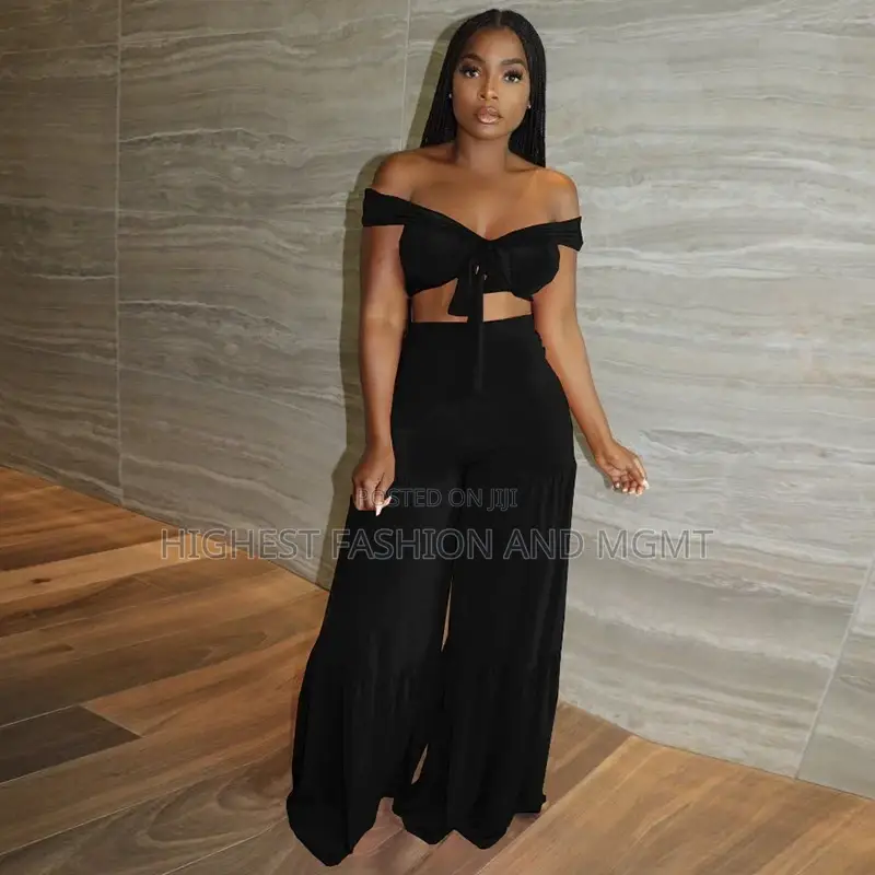 Two Piece Off Shoulder Crop Top Wide Leg Pants