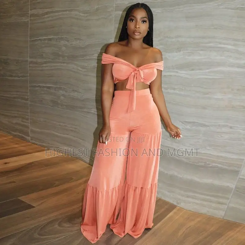 Two Piece Off Shoulder Crop Top Wide Leg Pants