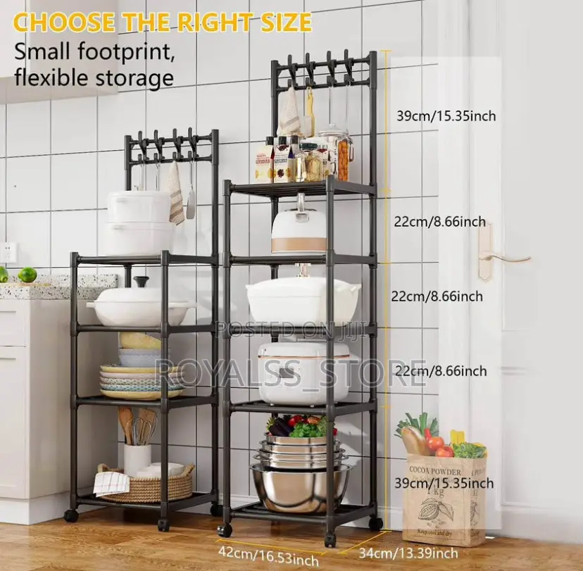 5 Layers Multi-Purpose Kitchen Storage With Hooks Rotating Wheels