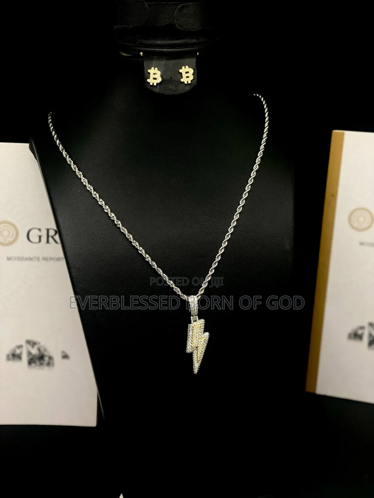 VVS Moissanite Diamond Lightning Bolt Pendant and Bitcoin Earring